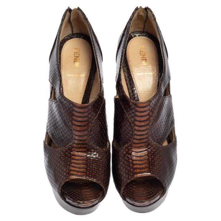 Pre Owned Fendi Brown Python Embossed Leather Platform Booties Size 39