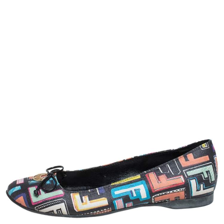 Pre Owned Fendi Multicolour Zucca Coated Canvas Logo Disc Ballerina Flats Size 37.5