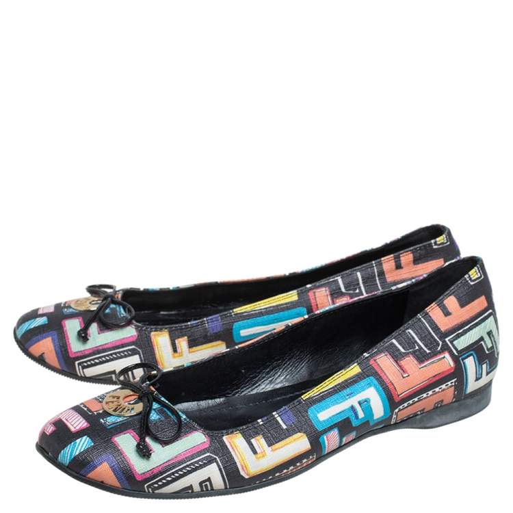 Pre Owned Fendi Multicolour Zucca Coated Canvas Logo Disc Ballerina Flats Size 37.5
