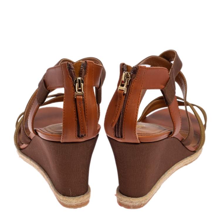 مملوكة مسبقًا  Fendi Green/Brown Leather and Fabric Criss Cross Wedge Sandals Size 42