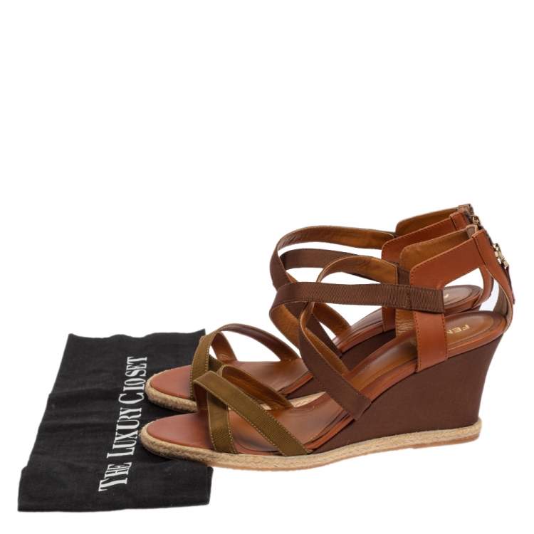 مملوكة مسبقًا  Fendi Green/Brown Leather and Fabric Criss Cross Wedge Sandals Size 42