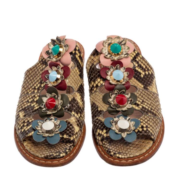 Pre Owned Fendi Beige/Brown Python Flowerland Slide Flats Size 37