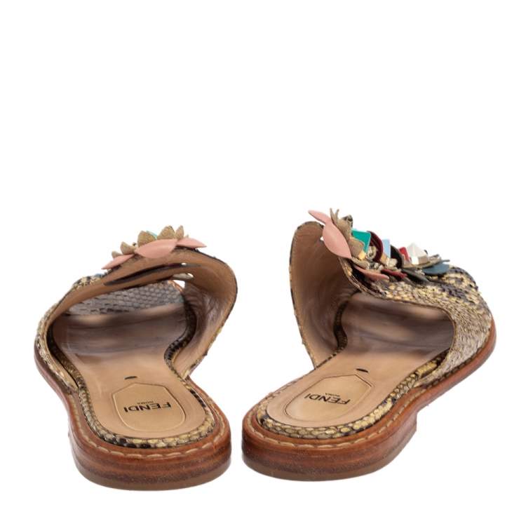 Pre Owned Fendi Beige/Brown Python Flowerland Slide Flats Size 37