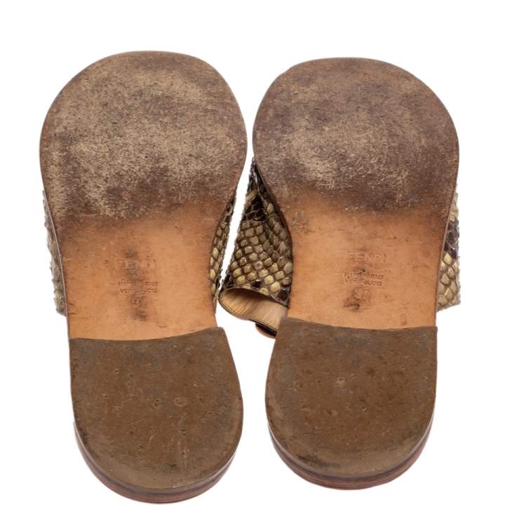 Pre Owned Fendi Beige/Brown Python Flowerland Slide Flats Size 37