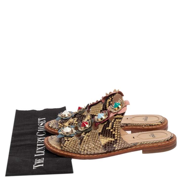 Pre Owned Fendi Beige/Brown Python Flowerland Slide Flats Size 37