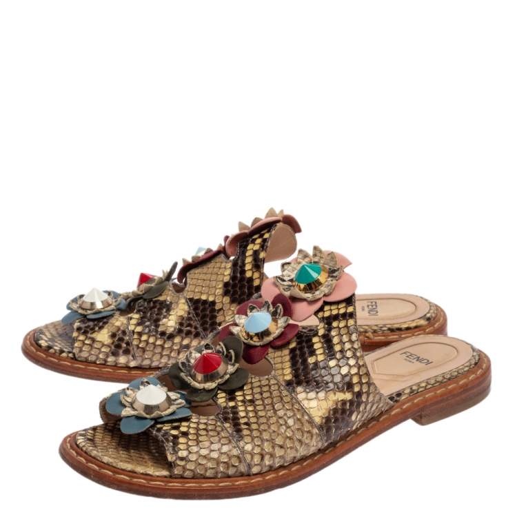 Pre Owned Fendi Beige/Brown Python Flowerland Slide Flats Size 37