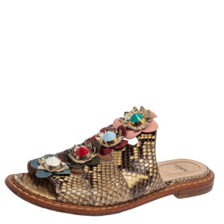 Pre Owned Fendi Beige/Brown Python Flowerland Slide Flats Size 37