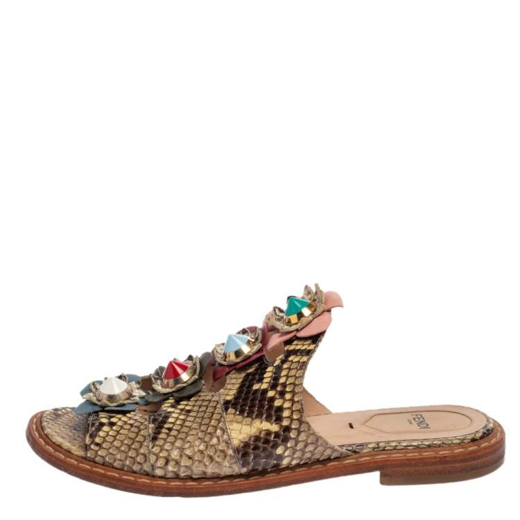 Pre Owned Fendi Beige/Brown Python Flowerland Slide Flats Size 37