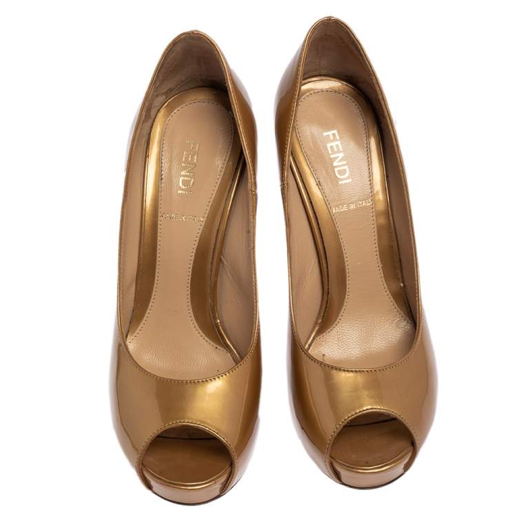 Pre Owned Fendi Metallic Beige Patent Leather Zucchino Heel Peep Toe Pumps Size 35