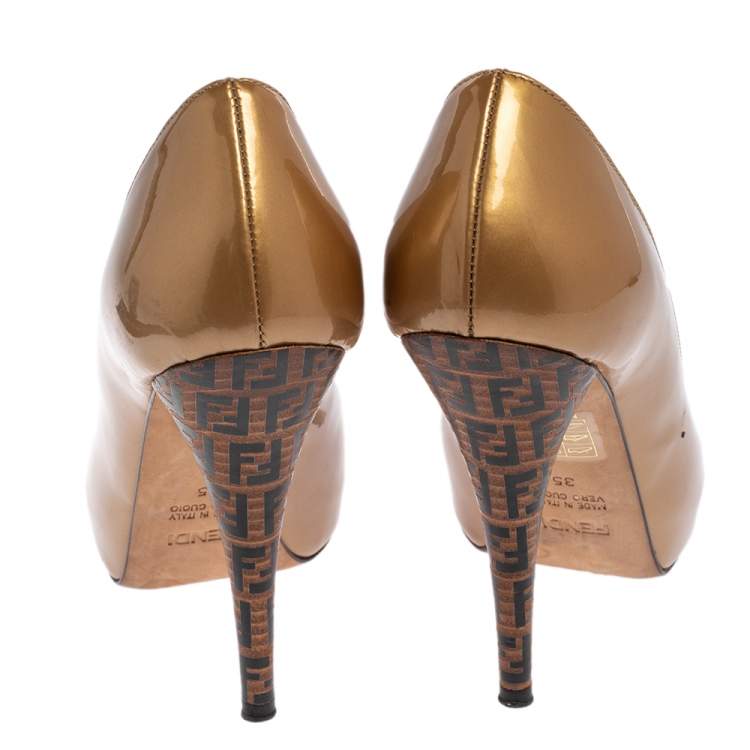 Pre Owned Fendi Metallic Beige Patent Leather Zucchino Heel Peep Toe Pumps Size 35