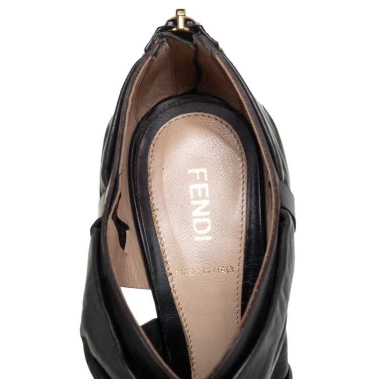 مملوكة مسبقًا Fendi Black Pleated Leather Peep Toe Ankle Booties Size 38.5
