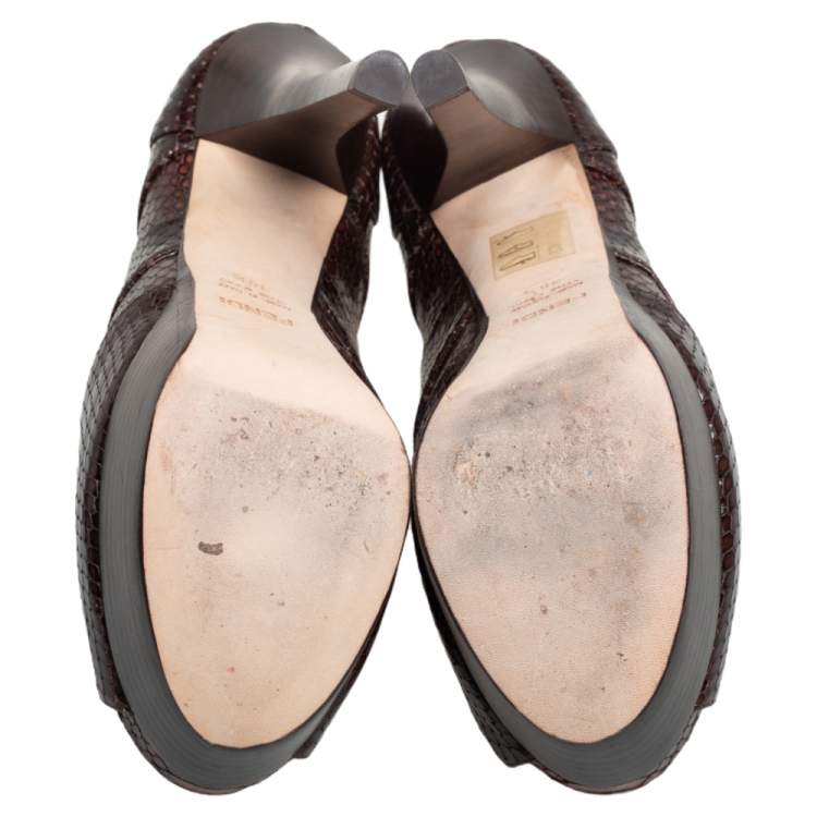 Pre Owned Fendi  Brown Python Leather Cut-Out  Embossed Booties Size 38.5