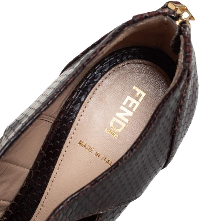 Pre Owned Fendi  Brown Python Leather Cut-Out  Embossed Booties Size 38.5