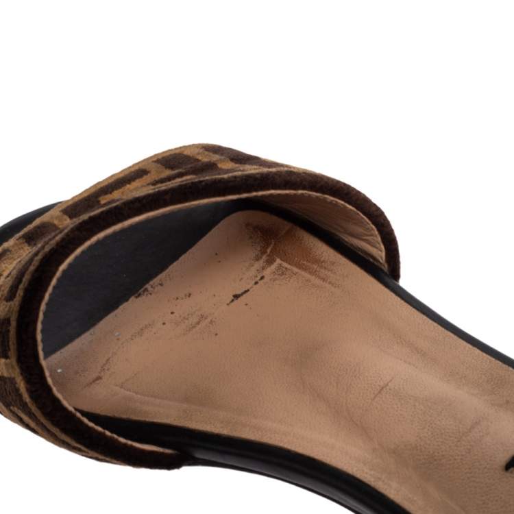 Pre Owned Fendi Tobacco Zucca Velvet Flat Slide Sandals Size 38