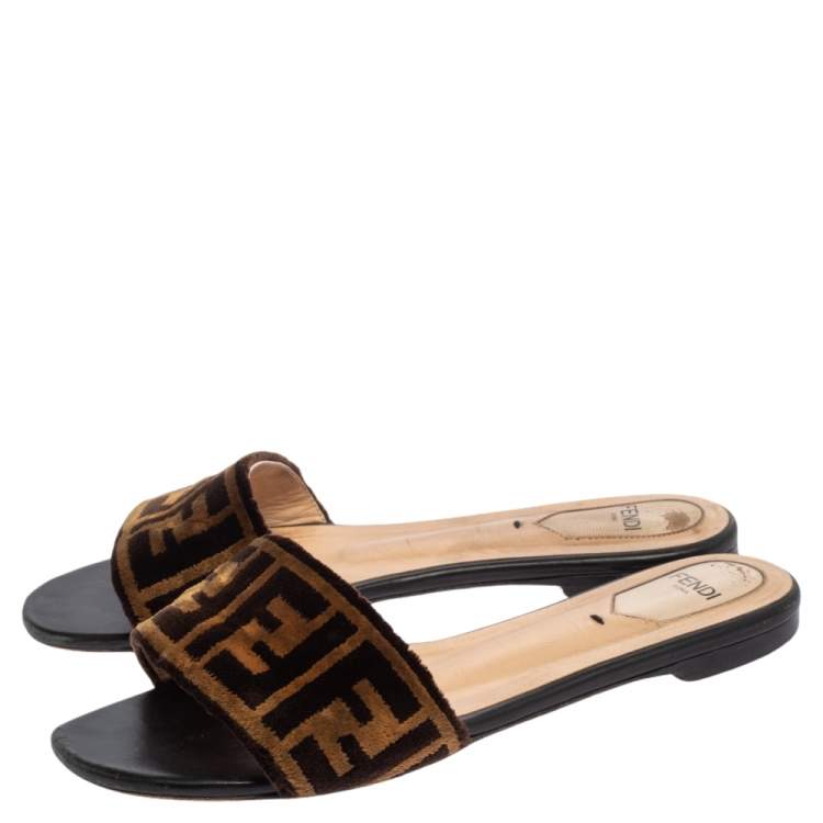 Pre Owned Fendi Tobacco Zucca Velvet Flat Slide Sandals Size 38