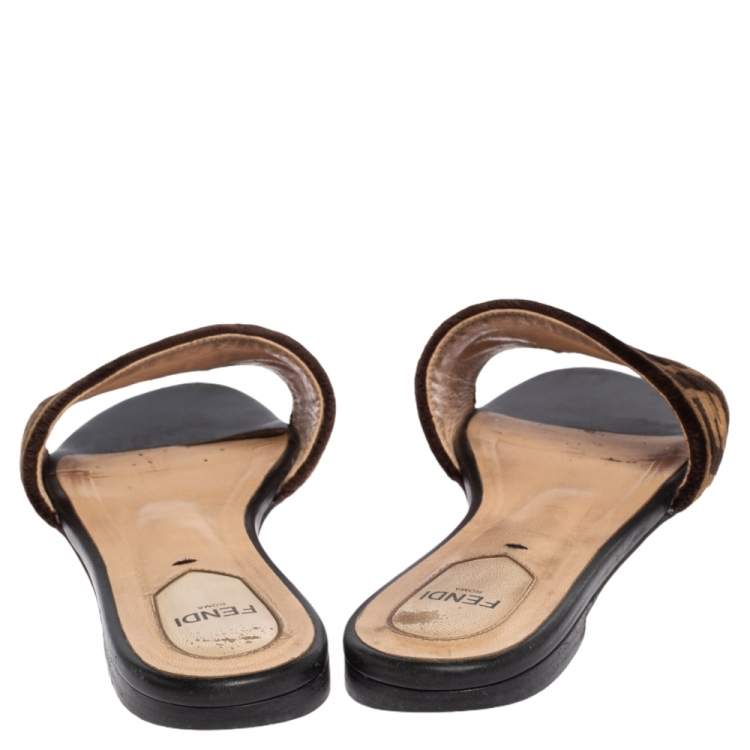 Pre Owned Fendi Tobacco Zucca Velvet Flat Slide Sandals Size 38