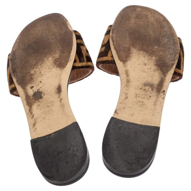 Pre Owned Fendi Tobacco Zucca Velvet Flat Slide Sandals Size 38