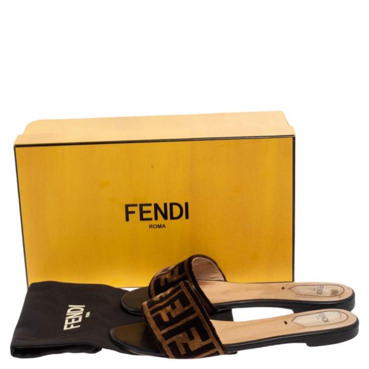 Pre Owned Fendi Tobacco Zucca Velvet Flat Slide Sandals Size 38