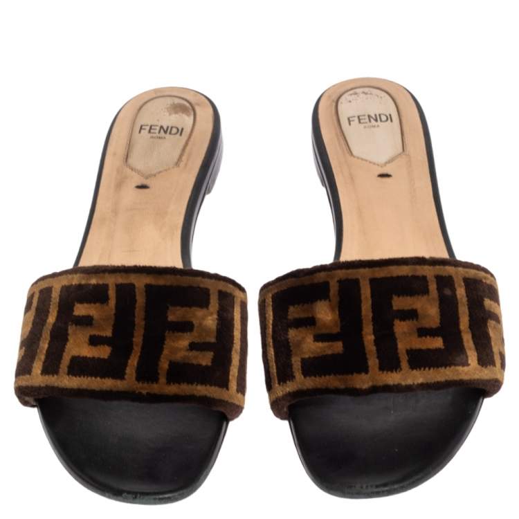 Pre Owned Fendi Tobacco Zucca Velvet Flat Slide Sandals Size 38