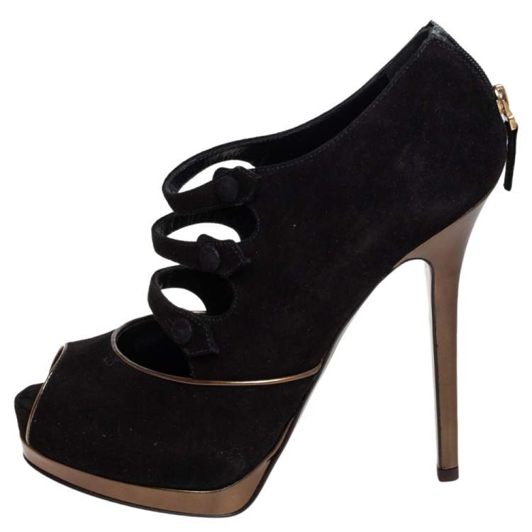 Pre Owned Fendi Black/Bronze Suede Victorian Peep Toe Platform Booties Size 38