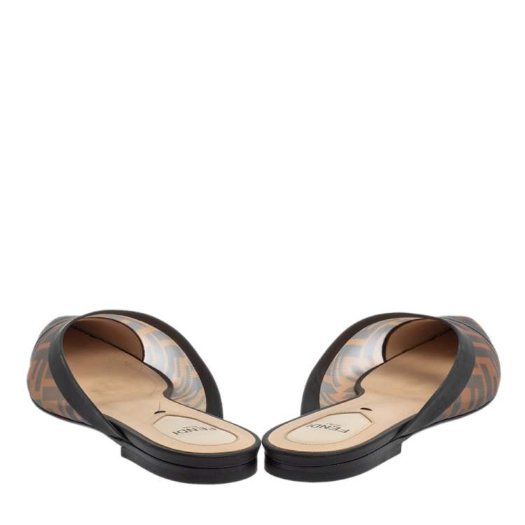 Pre Owned Fendi Brown/Black Zucca Mesh And Leather Trim Colibri Slide Flats Size 38.5