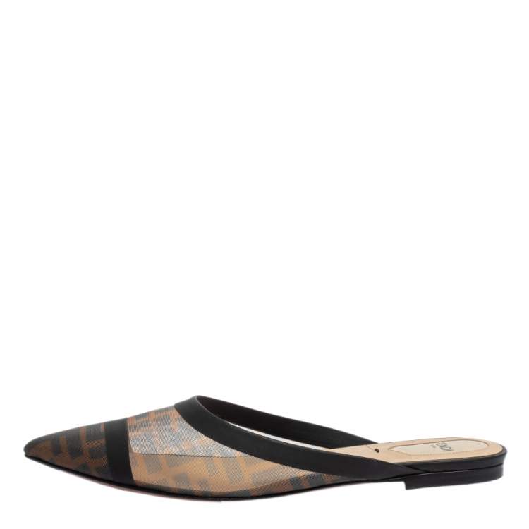 Pre Owned Fendi Brown/Black Zucca Mesh And Leather Trim Colibri Slide Flats Size 38.5