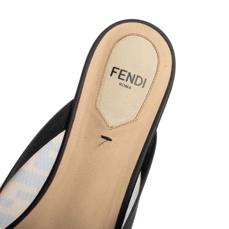 Pre Owned Fendi Brown/Black Zucca Mesh And Leather Trim Colibri Slide Flats Size 38.5
