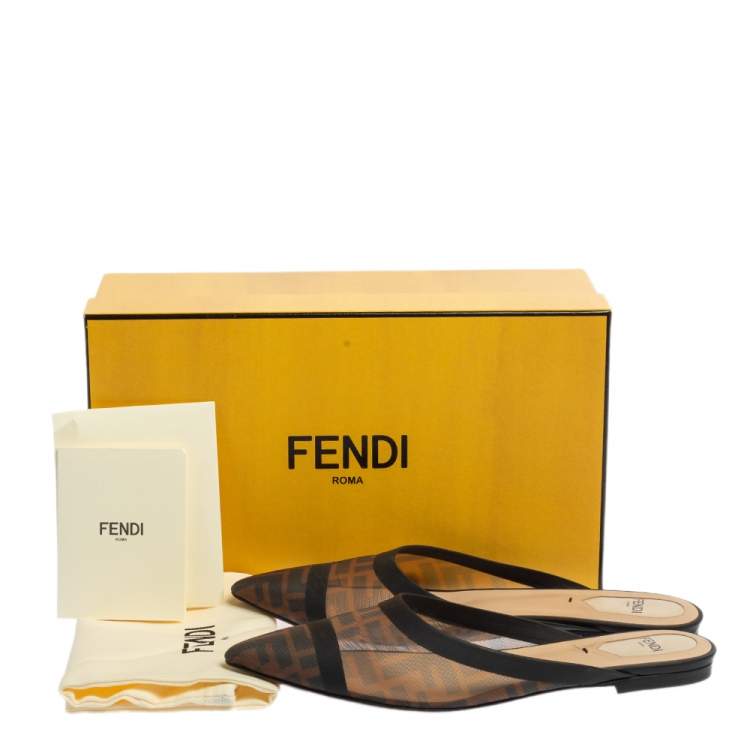 Pre Owned Fendi Brown/Black Zucca Mesh And Leather Trim Colibri Slide Flats Size 38.5