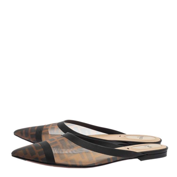 Pre Owned Fendi Brown/Black Zucca Mesh And Leather Trim Colibri Slide Flats Size 38.5