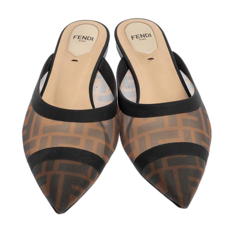 Pre Owned Fendi Brown/Black Zucca Mesh And Leather Trim Colibri Slide Flats Size 38.5