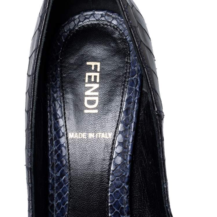 Pre Owned Fendi Navy Blue Python Embossed Leather Peep Toe Platform Pumps Size 37.5