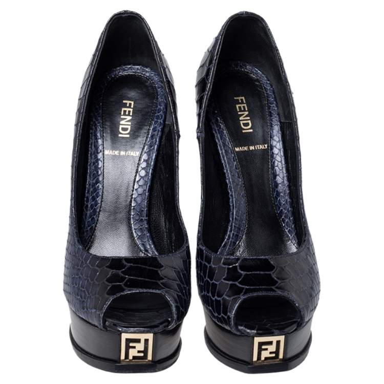 Pre Owned Fendi Navy Blue Python Embossed Leather Peep Toe Platform Pumps Size 37.5