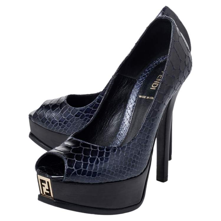 Pre Owned Fendi Navy Blue Python Embossed Leather Peep Toe Platform Pumps Size 37.5
