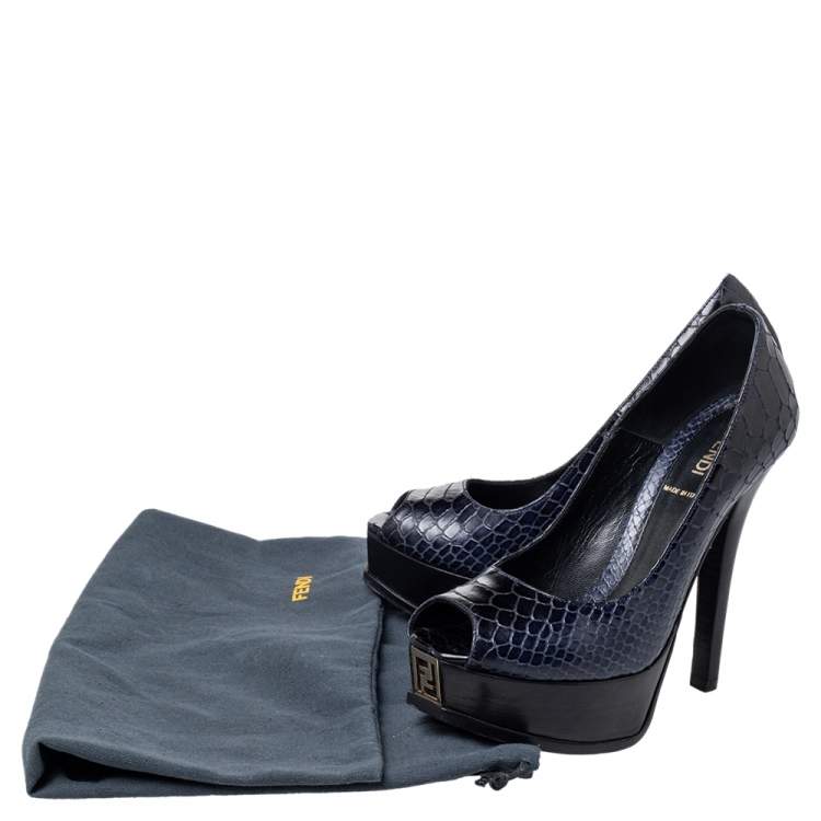 Pre Owned Fendi Navy Blue Python Embossed Leather Peep Toe Platform Pumps Size 37.5