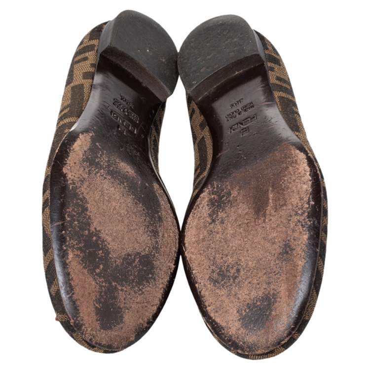 Pre Owned Fendi Brown Zucca Canvas Embellished Ballet Flats Size 38.5