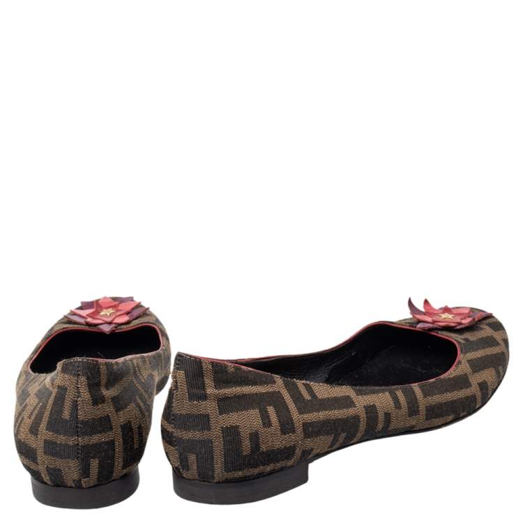 Pre Owned Fendi Brown Zucca Canvas Embellished Ballet Flats Size 38.5