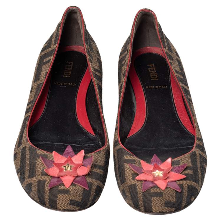 Pre Owned Fendi Brown Zucca Canvas Embellished Ballet Flats Size 38.5