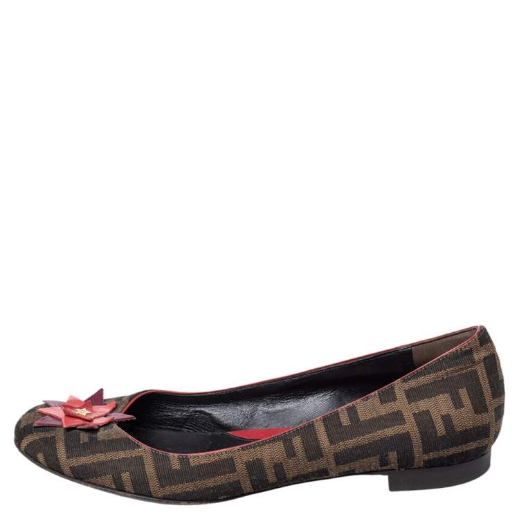 Pre Owned Fendi Brown Zucca Canvas Embellished Ballet Flats Size 38.5