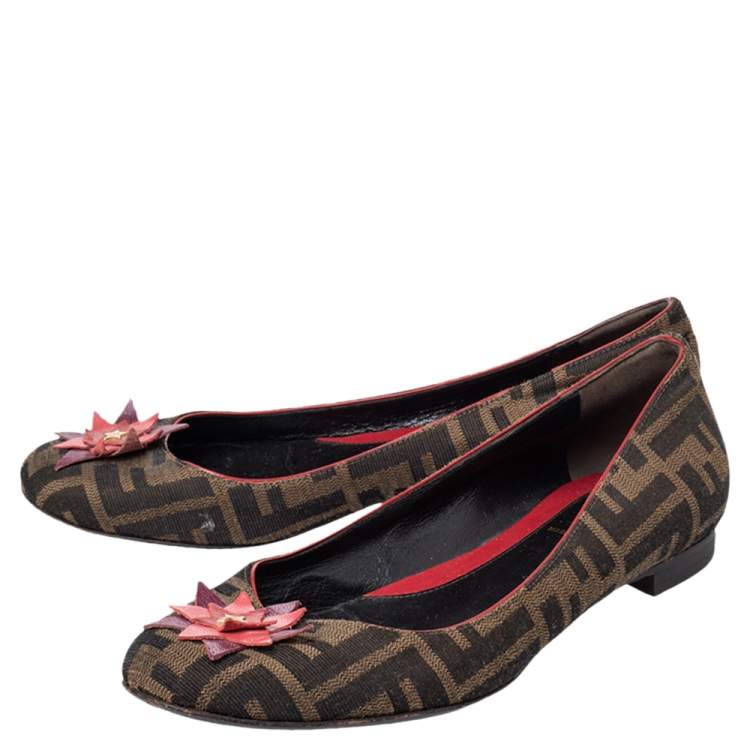 Pre Owned Fendi Brown Zucca Canvas Embellished Ballet Flats Size 38.5