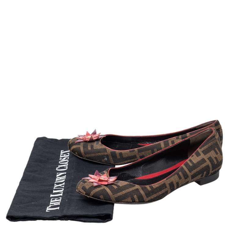 Pre Owned Fendi Brown Zucca Canvas Embellished Ballet Flats Size 38.5