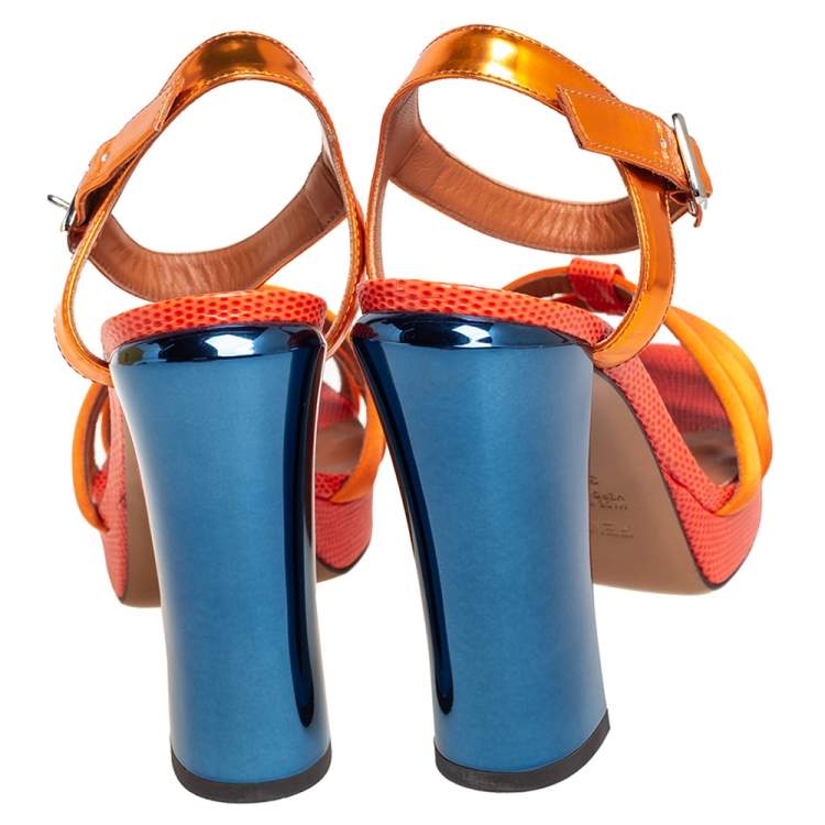 Pre Owned Fendi Orange Satin, Leather, and Lizard Embossed Ankle Strap Sandals Size 37.5