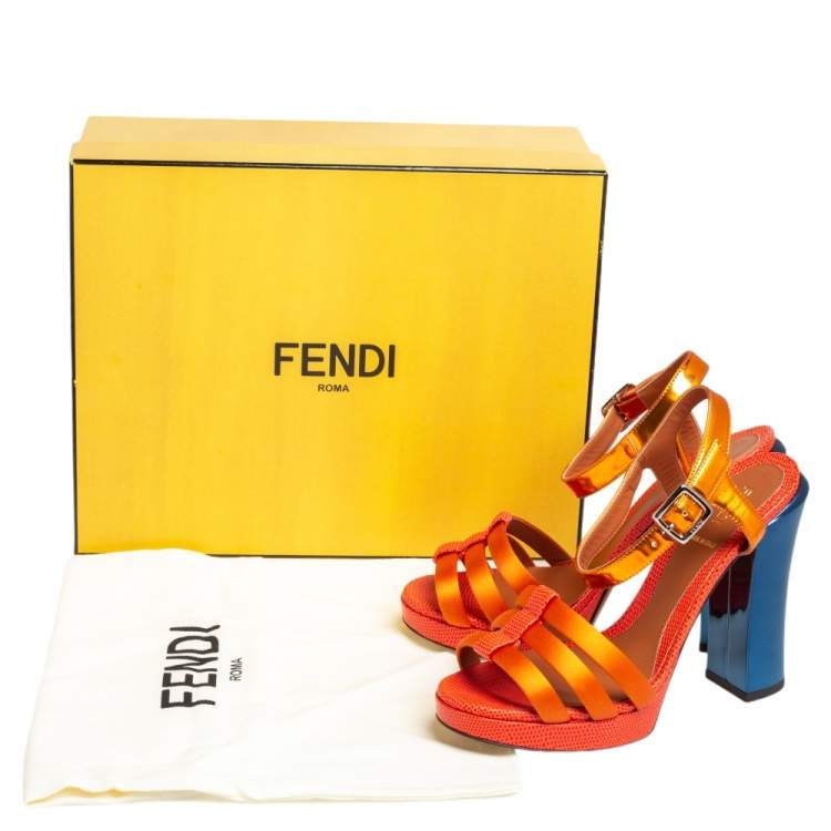 Pre Owned Fendi Orange Satin, Leather, and Lizard Embossed Ankle Strap Sandals Size 37.5