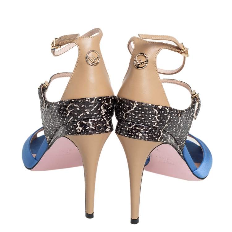 مملوكة مسبقًا Fendi Multicolor Satin And Leather Ankle Strap Sandals  Size 38