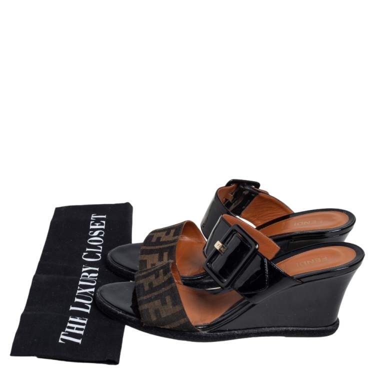 Pre Owned Fendi Black Patent Leather and Zucca Canvas Wedge Slide Sandals Size 40