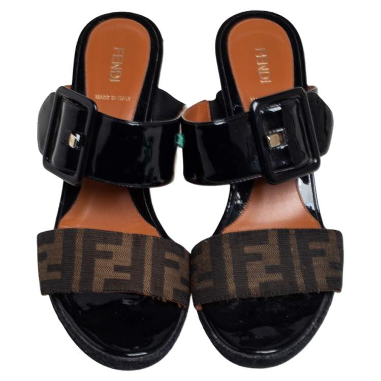 Pre Owned Fendi Black Patent Leather and Zucca Canvas Wedge Slide Sandals Size 40