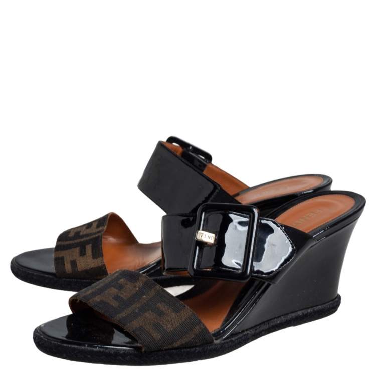 Pre Owned Fendi Black Patent Leather and Zucca Canvas Wedge Slide Sandals Size 40