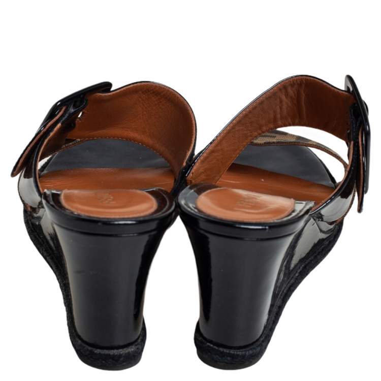 Pre Owned Fendi Black Patent Leather and Zucca Canvas Wedge Slide Sandals Size 40
