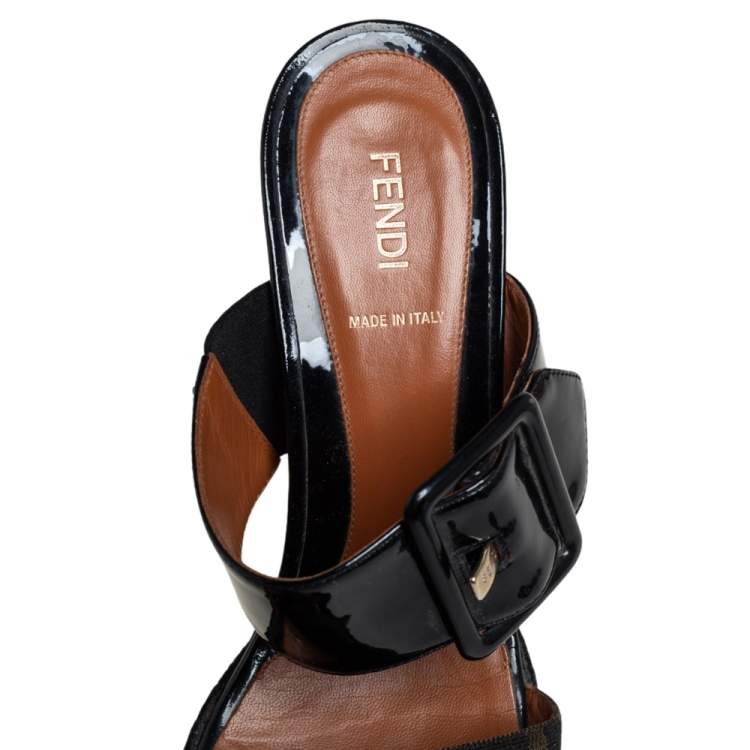 Pre Owned Fendi Black Patent Leather and Zucca Canvas Wedge Slide Sandals Size 40