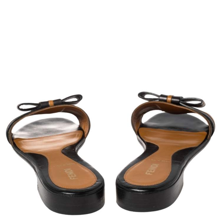 Pre Owned Fendi Brown Zucca Canvas And Black Leather Bow Flat Slides Size 40