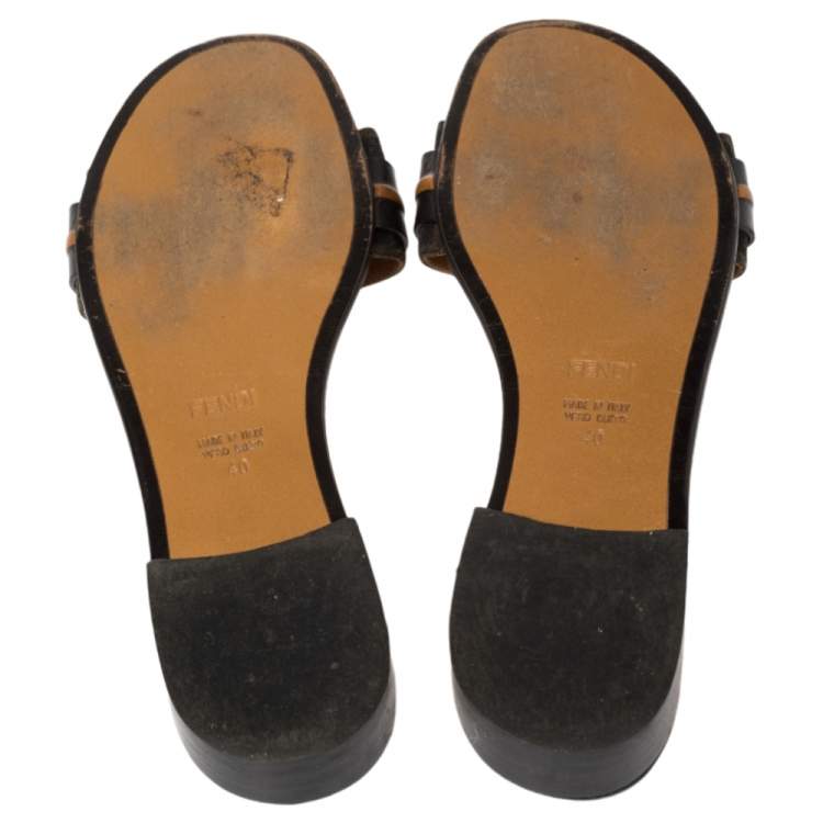 Pre Owned Fendi Brown Zucca Canvas And Black Leather Bow Flat Slides Size 40